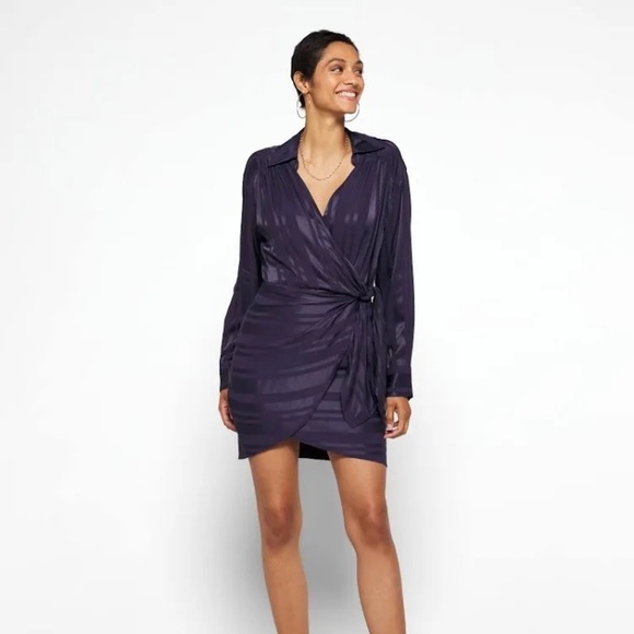 Milly Jordan Striped Satin Faux Wrap Mini Long Sleeve Dress Size S - Picture 2 of 9